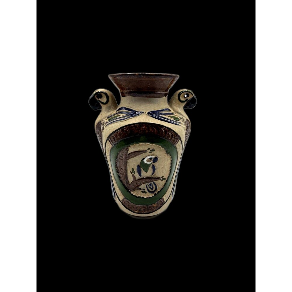 Vintage Tonalo Double Handled Parrot Vase, Mexico Urn Signed Vicman